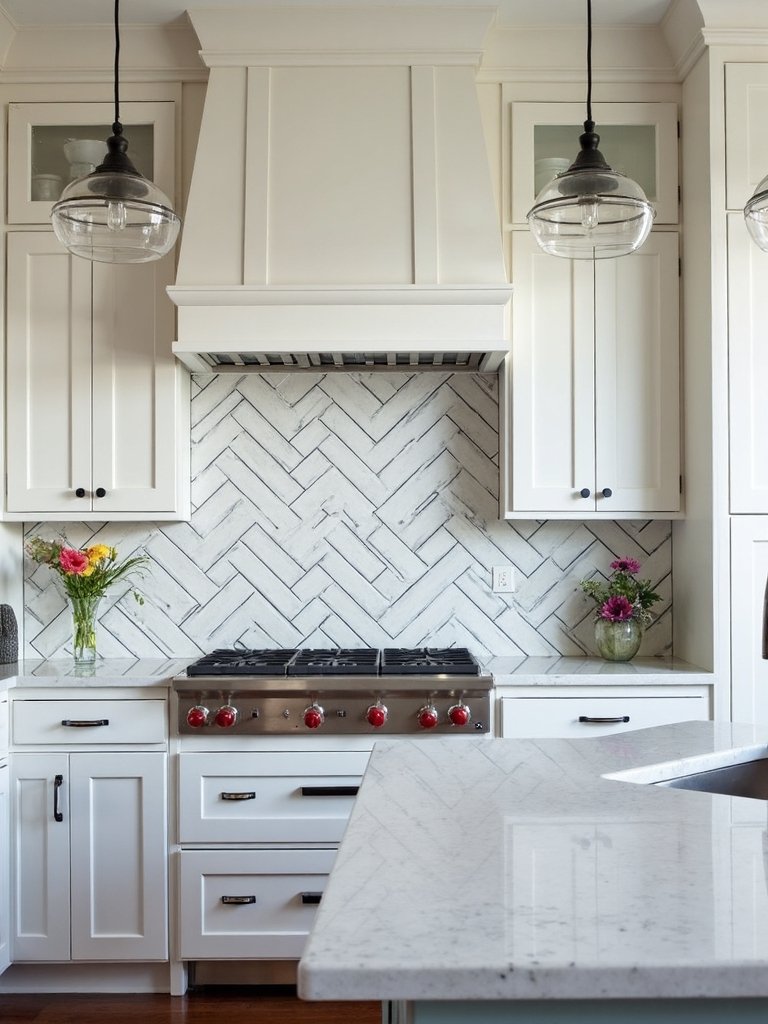 visually striking herringbone subway tile backsplash