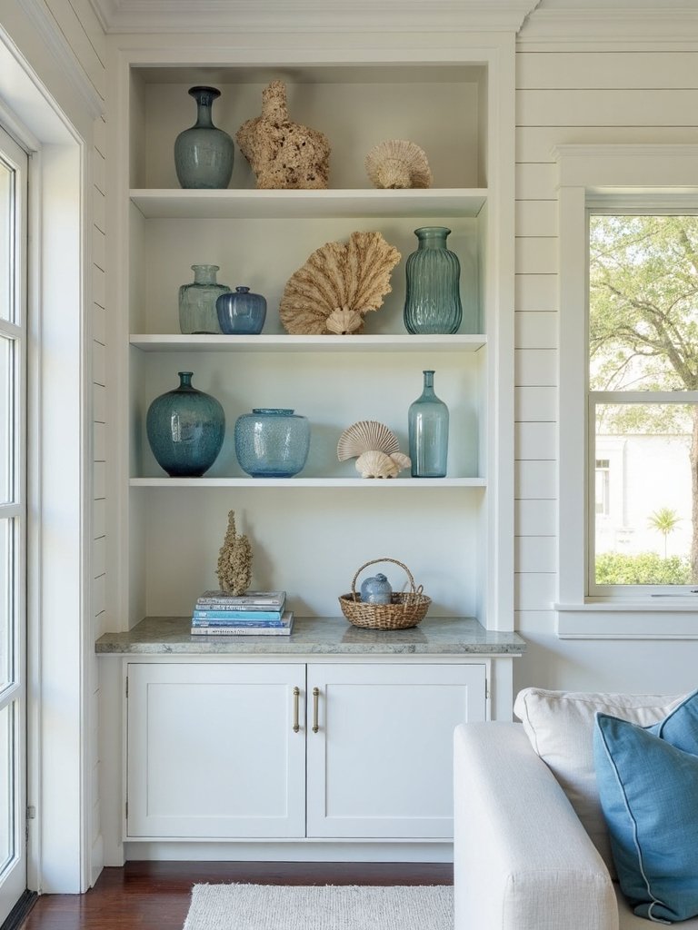 coastal built in display showcases nautical treasures