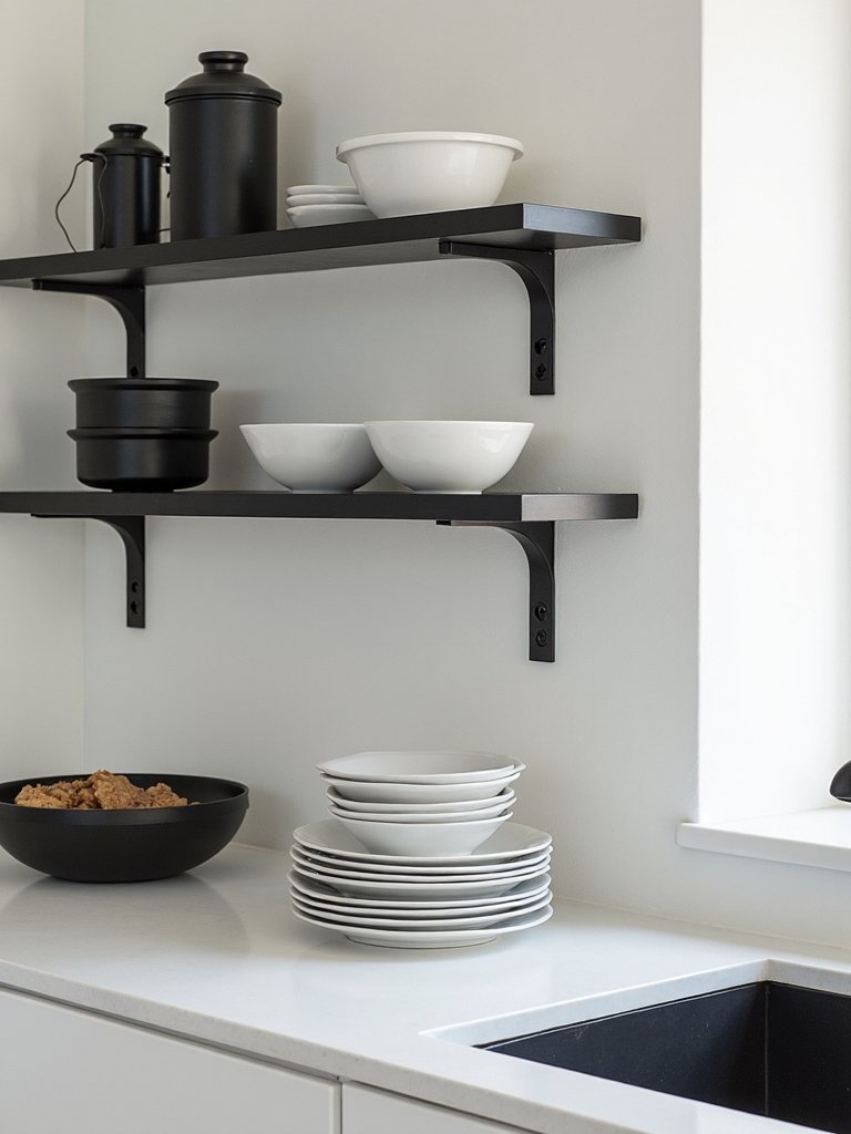 curated minimalist monochromatic kitchen open shelving