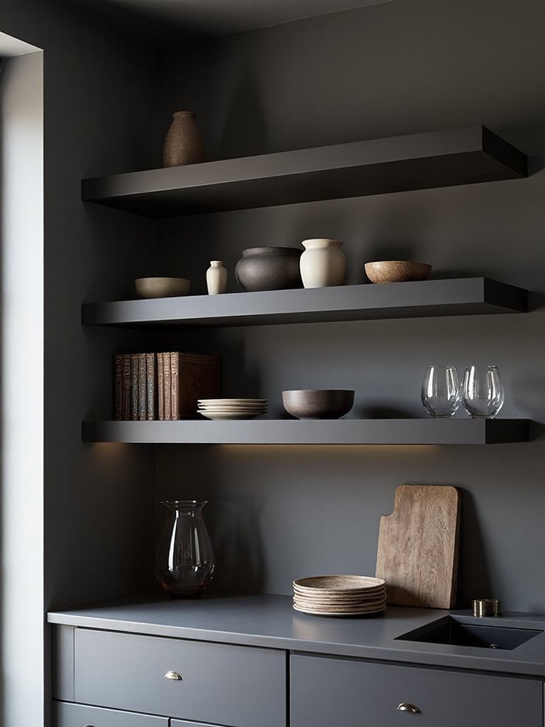 dramatic shadowy open kitchen shelving