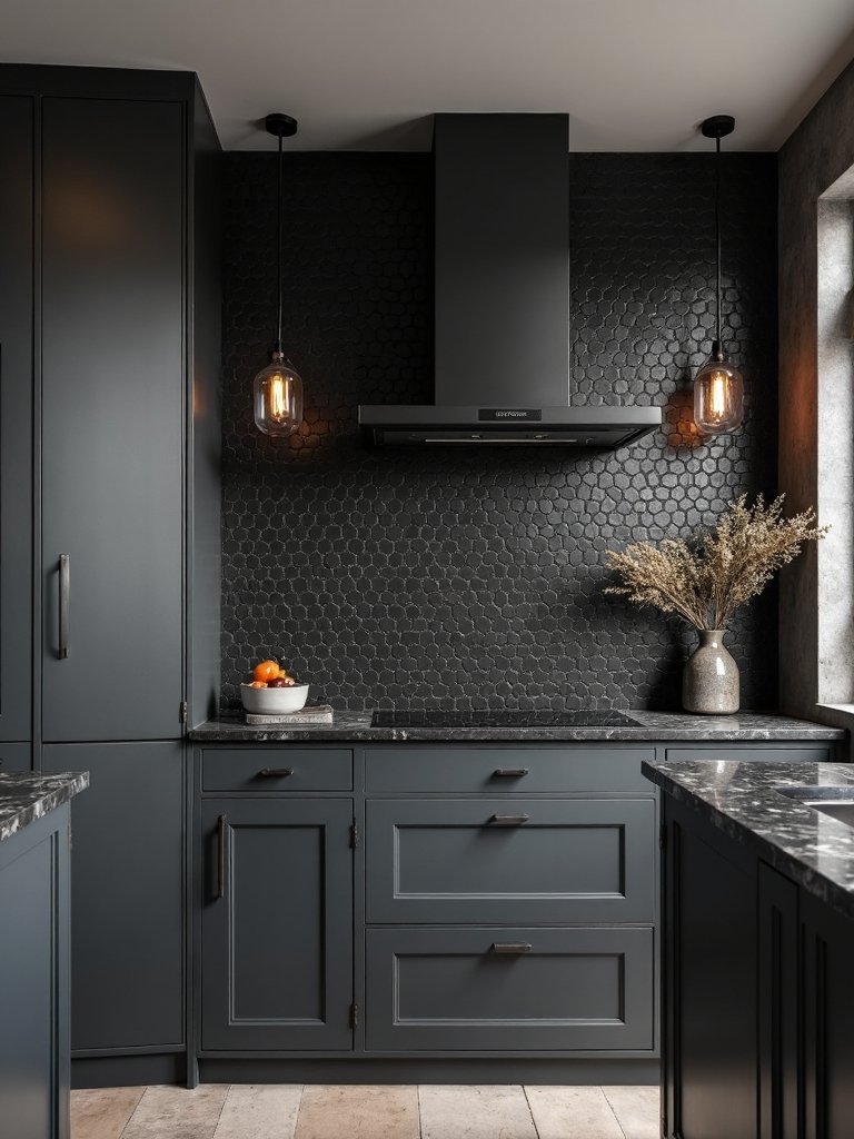 elegant textured dark tile backsplash design