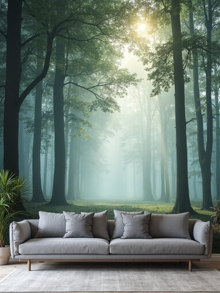 engaging statement mural decor behind sofa
