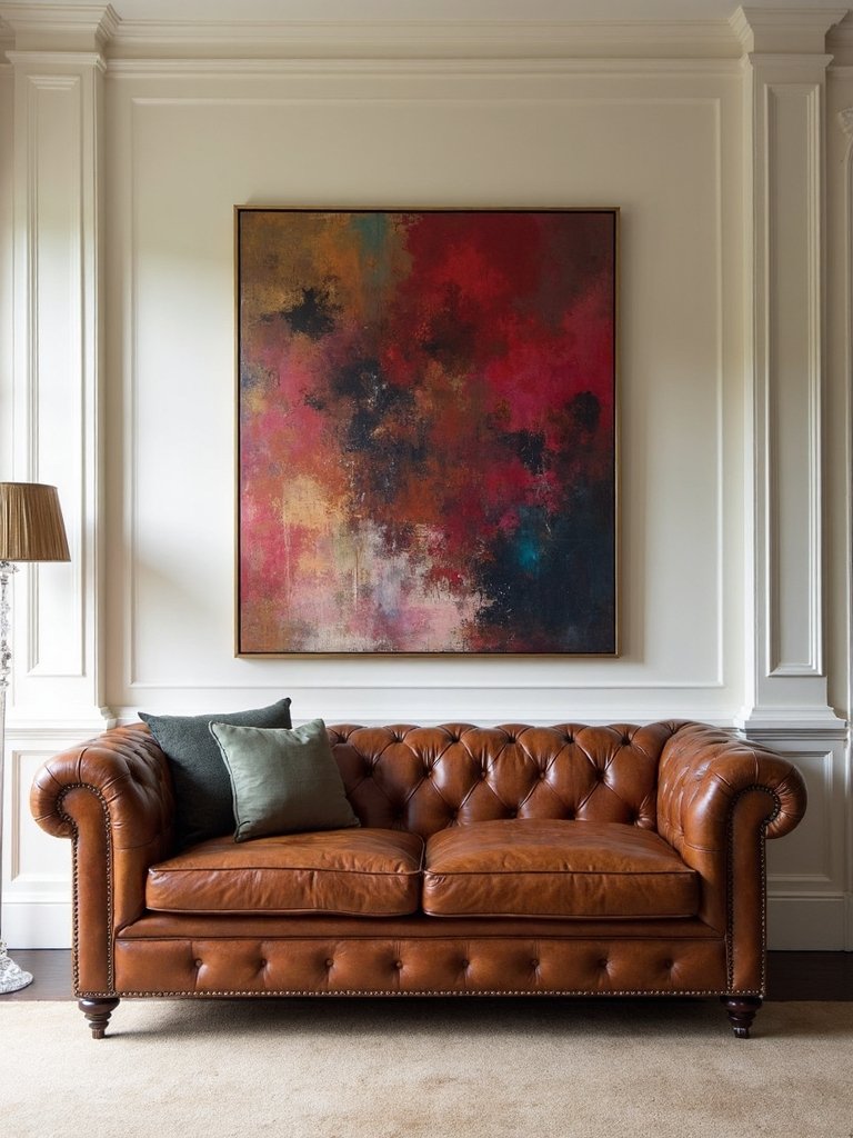 impactful art above leather sofas