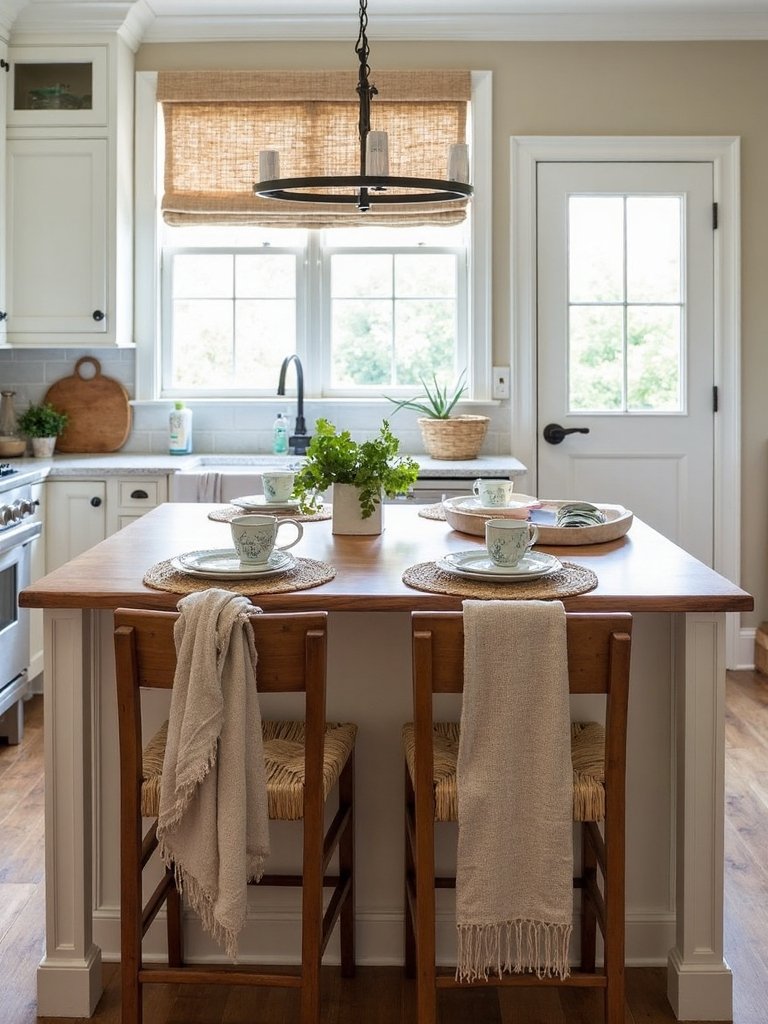 layered cozy inviting kitchen textiles
