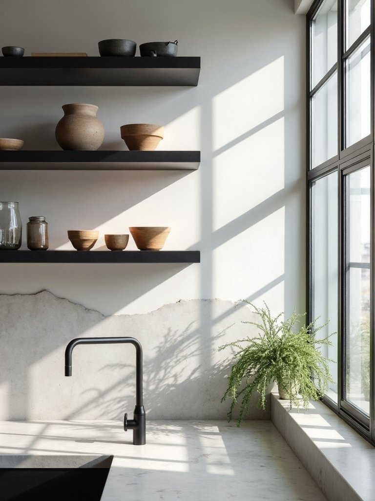 metal shelves across windows