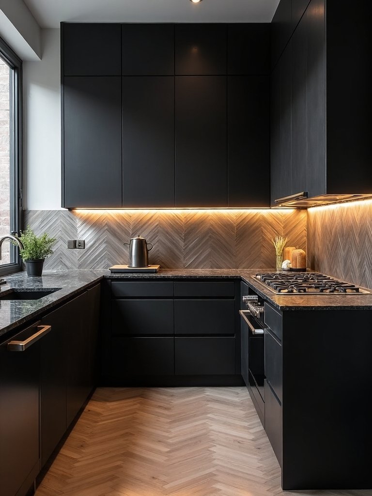 moody metallic backsplash brightens dramatic kitchen