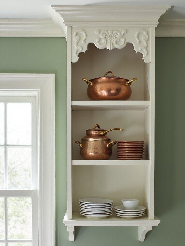 refined open shelving with crown molding