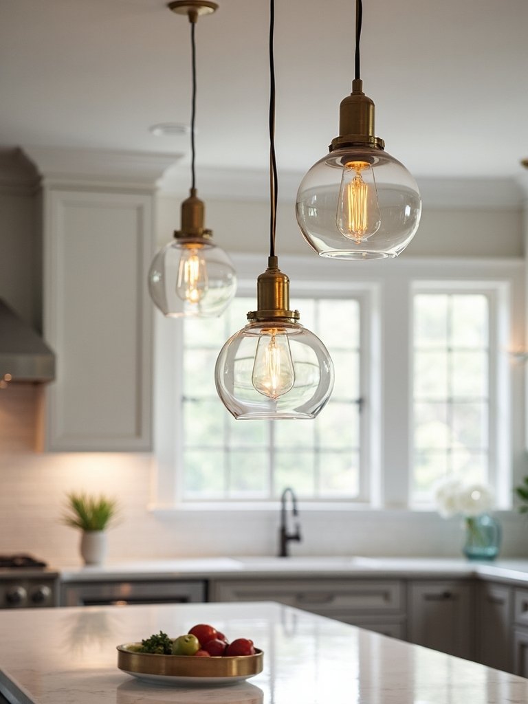 refined sophisticated glass brass kitchen pendants