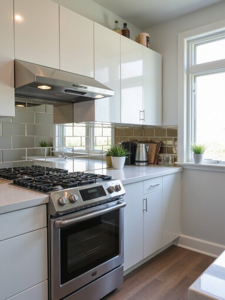 reflective surfaces enhance kitchen spaciousness