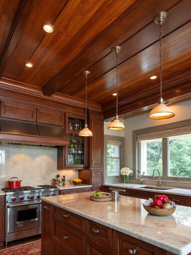 rustic copper accented wooden ceiling