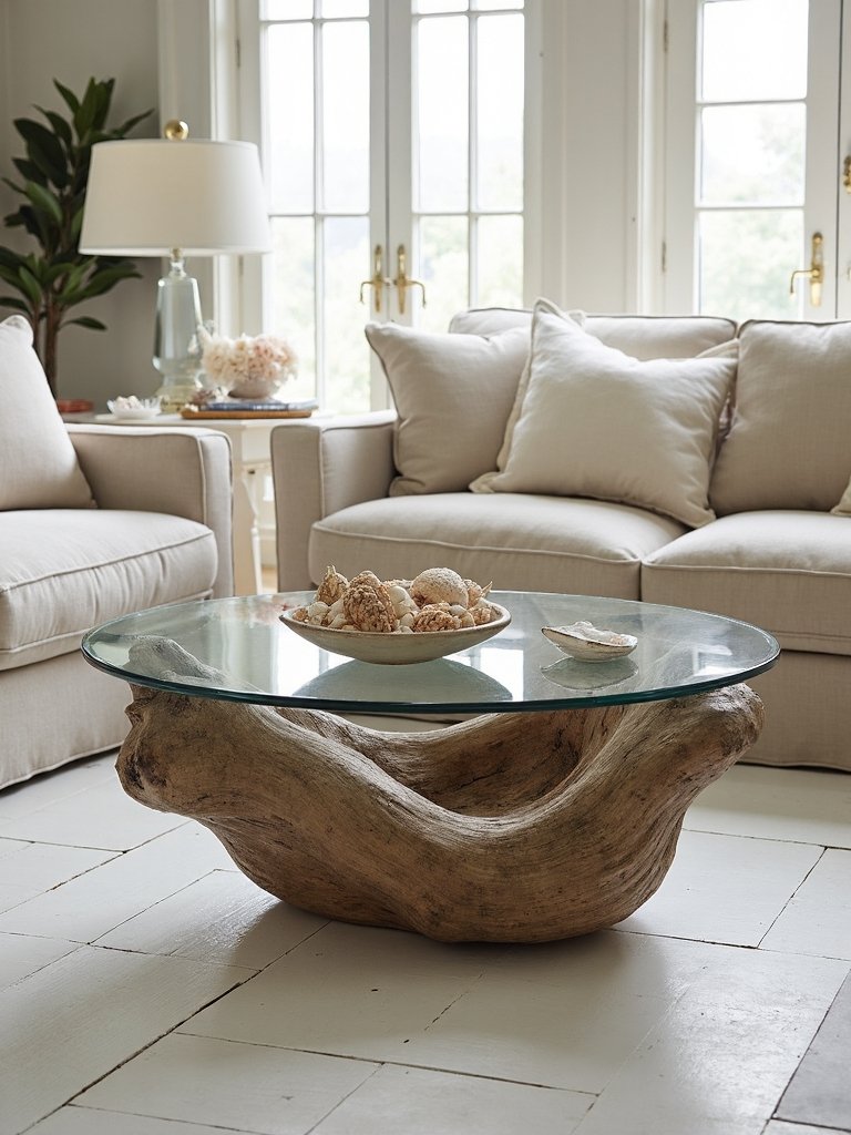 serene coastal natural driftwood tables