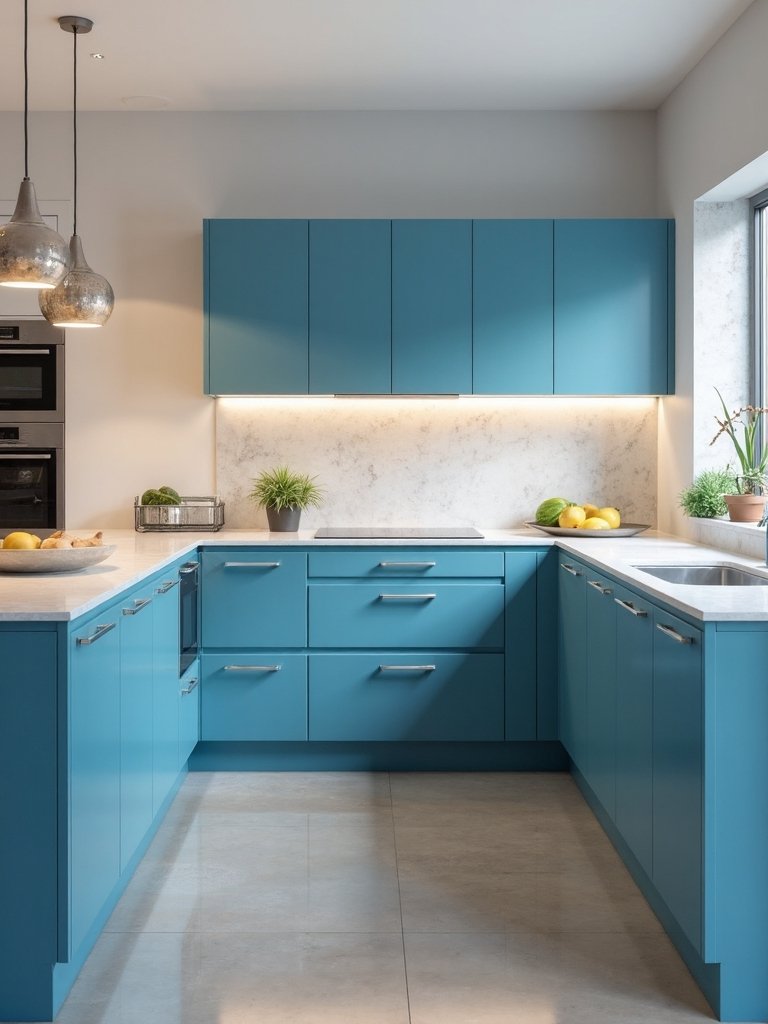 sleek seamless modern blue handleless cabinets