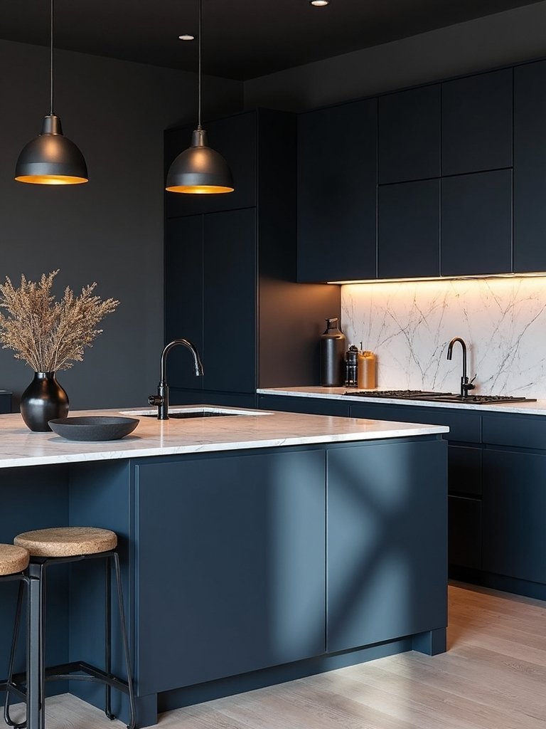 sophisticated dramatic contrasting anchoring kitchen island