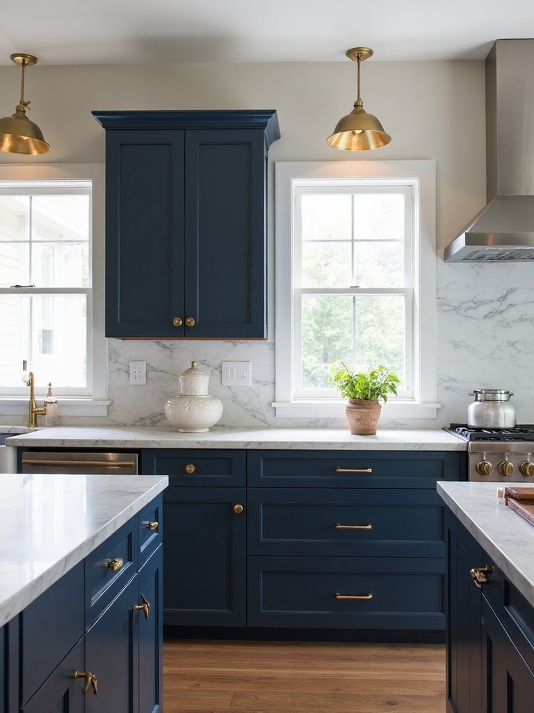 sophisticated navy and brass kitchen