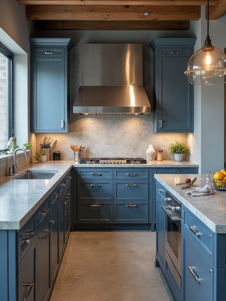 striking industrial blue kitchen sophistication