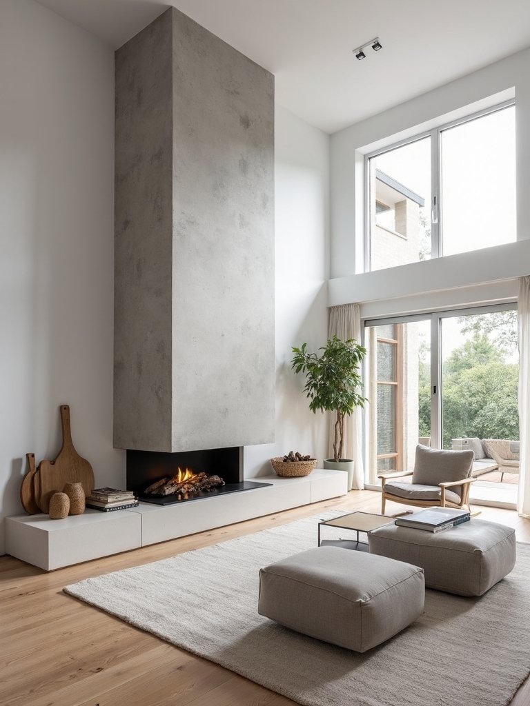 suspended fireplace elevates scandinavian living room