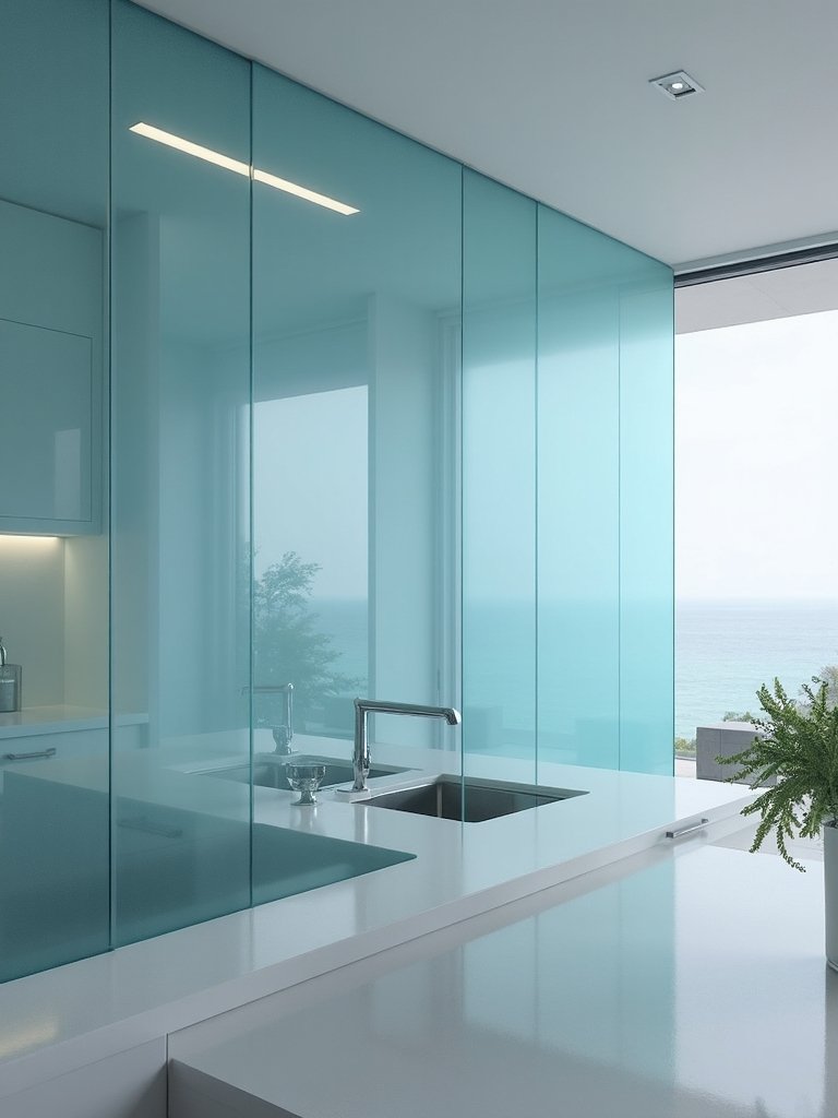 translucent blue glass kitchen partitions