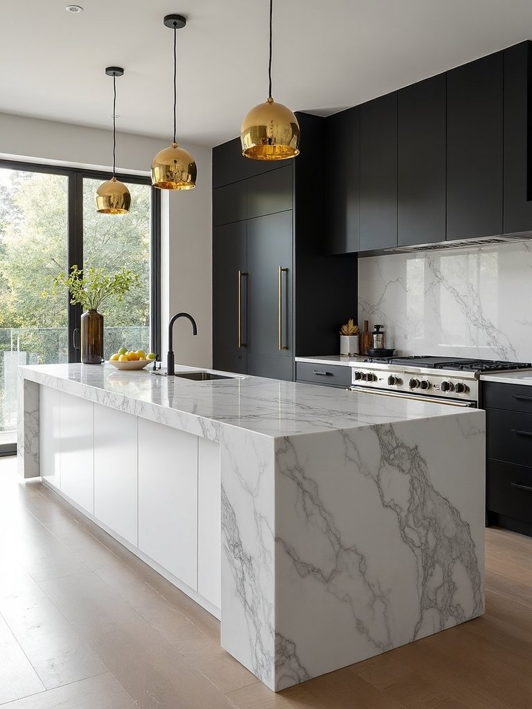 waterfall edged kitchen peninsula luxurious statement piece