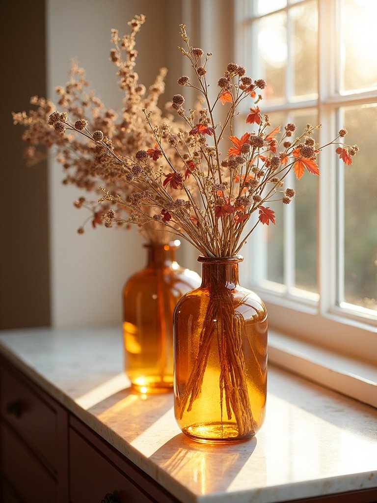 amber vases with branches