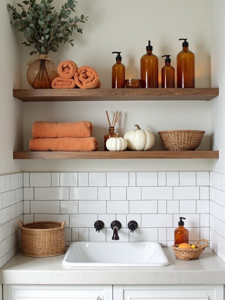 autumn themed open shelving decor
