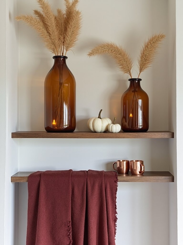 cozy autumn themed open shelving display