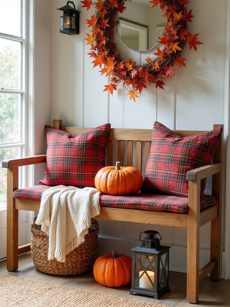 cozy plaid bench decor