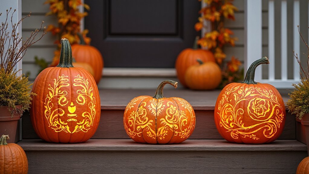 etched pumpkin fall display
