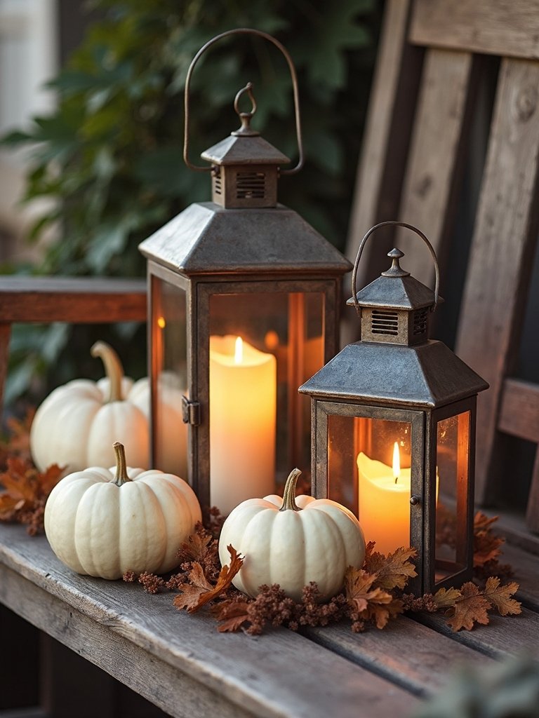 farmhouse lanterns with pumpkins
