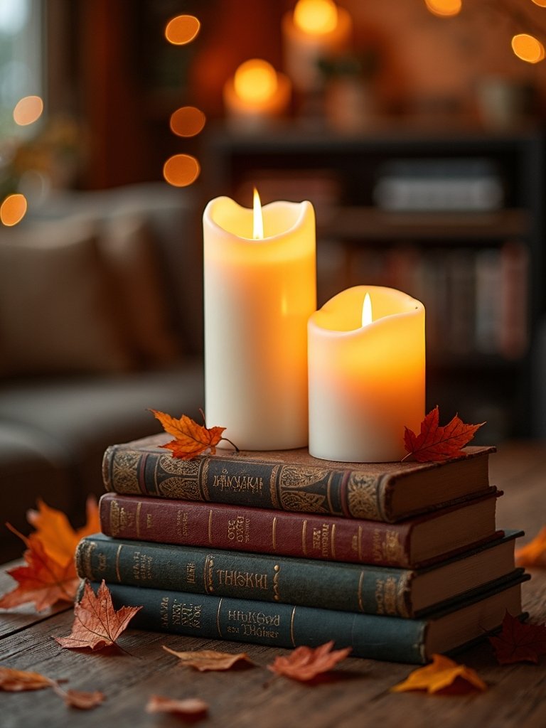 layered books and candles