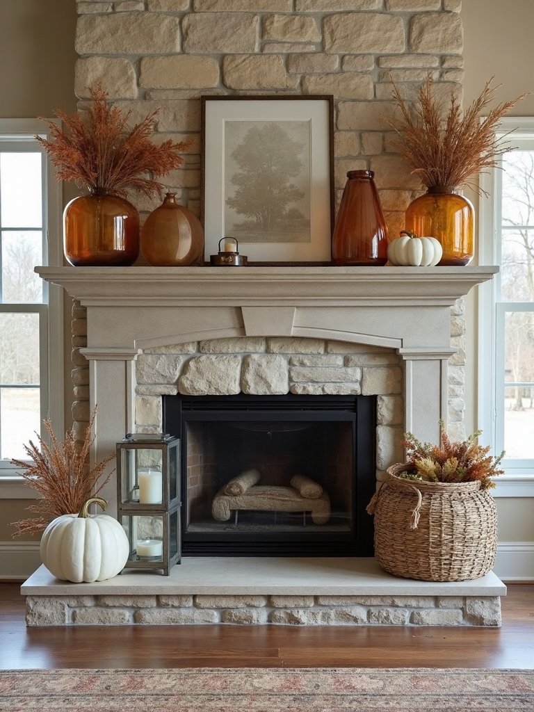 mixed materials mantel decor
