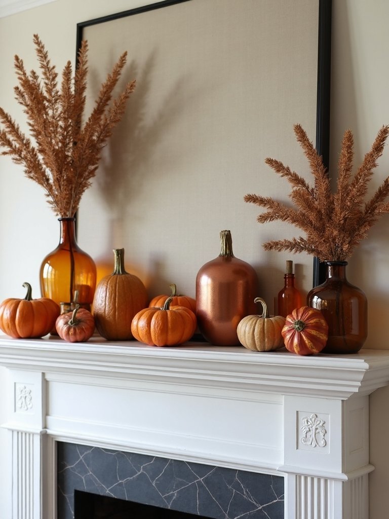 monochromatic fall mantel decor