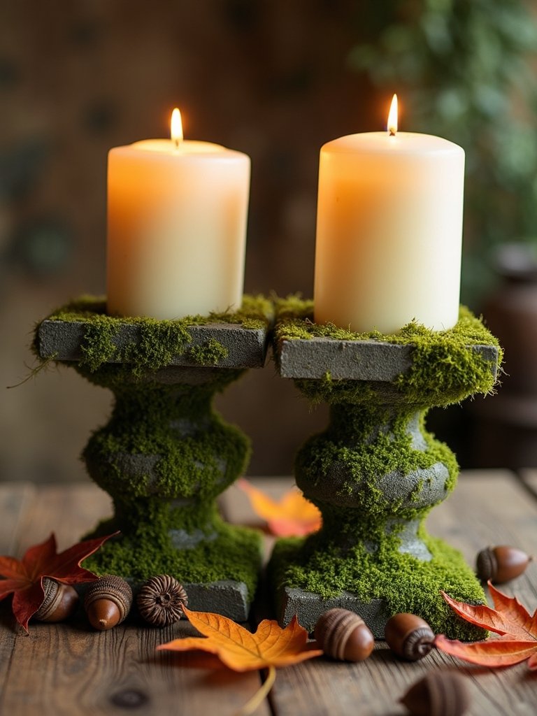 moss covered candle pedestals