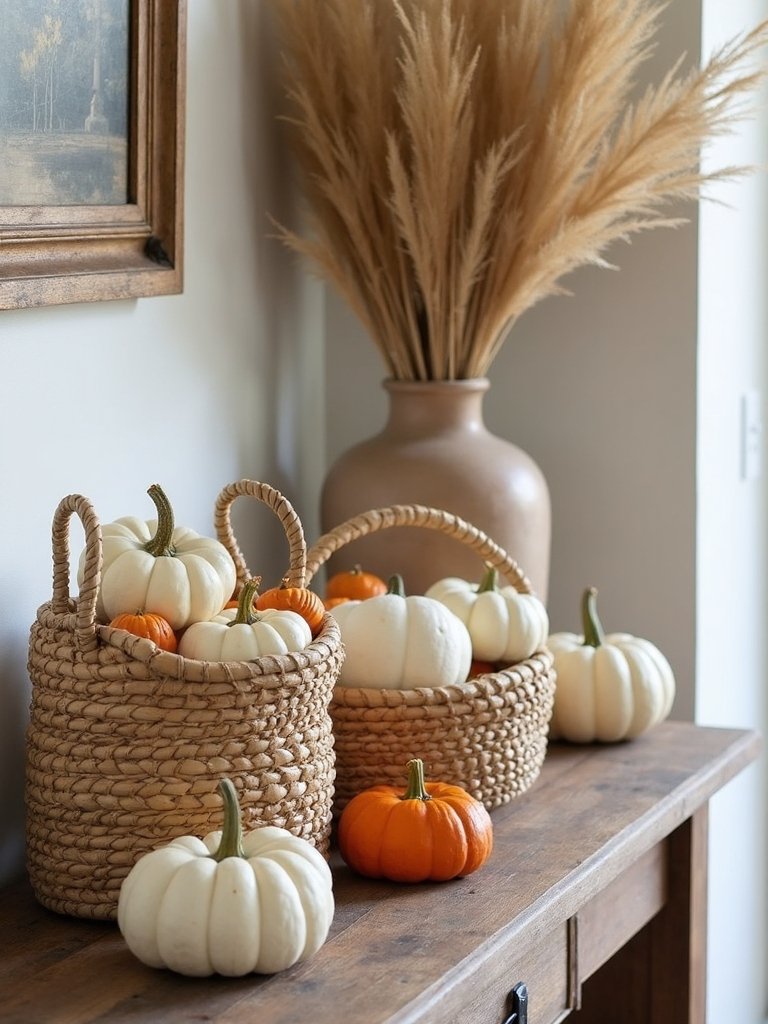 rattan baskets with pumpkins