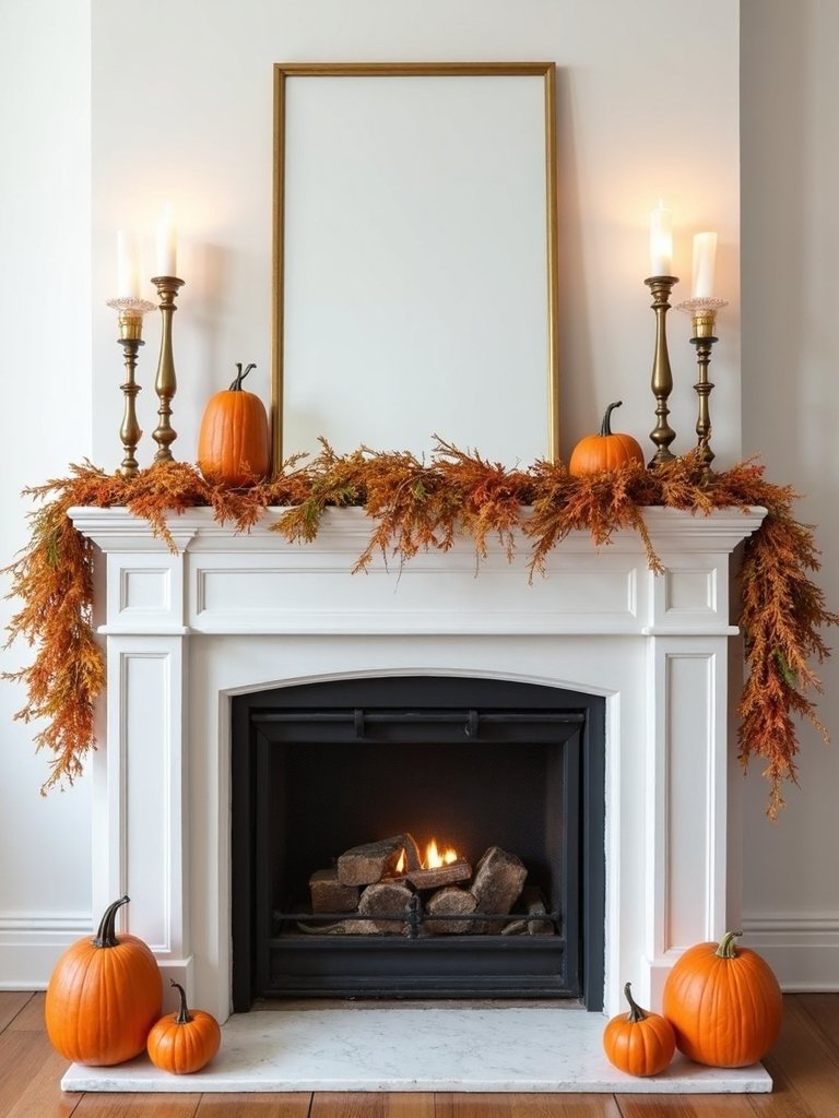 symmetrical pumpkin mantel display