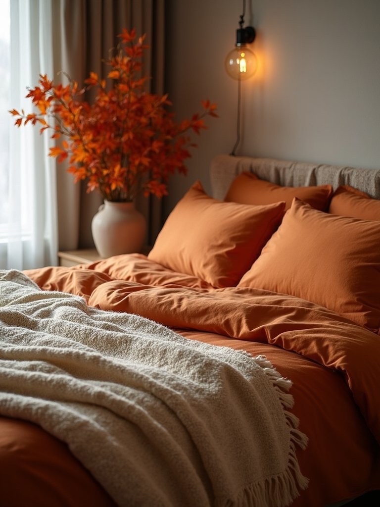 warm toned cozy bedding layers