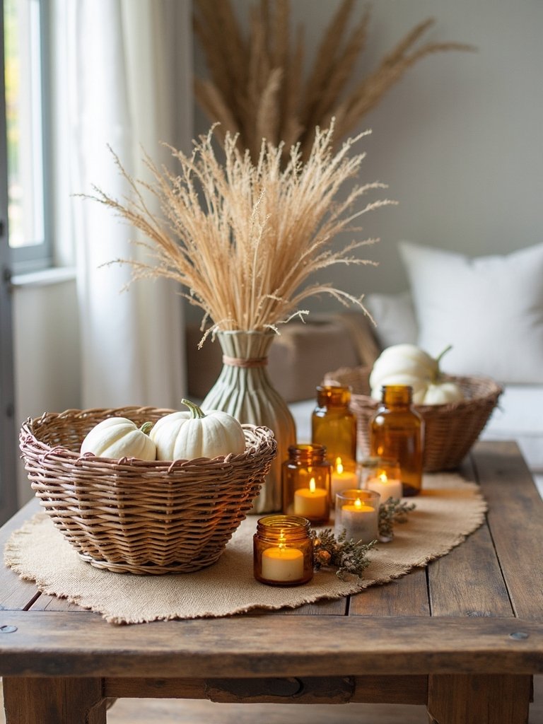 woven baskets with seasonal decor