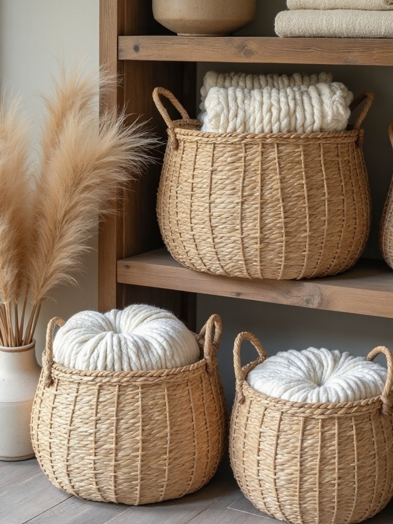 woven baskets with wood