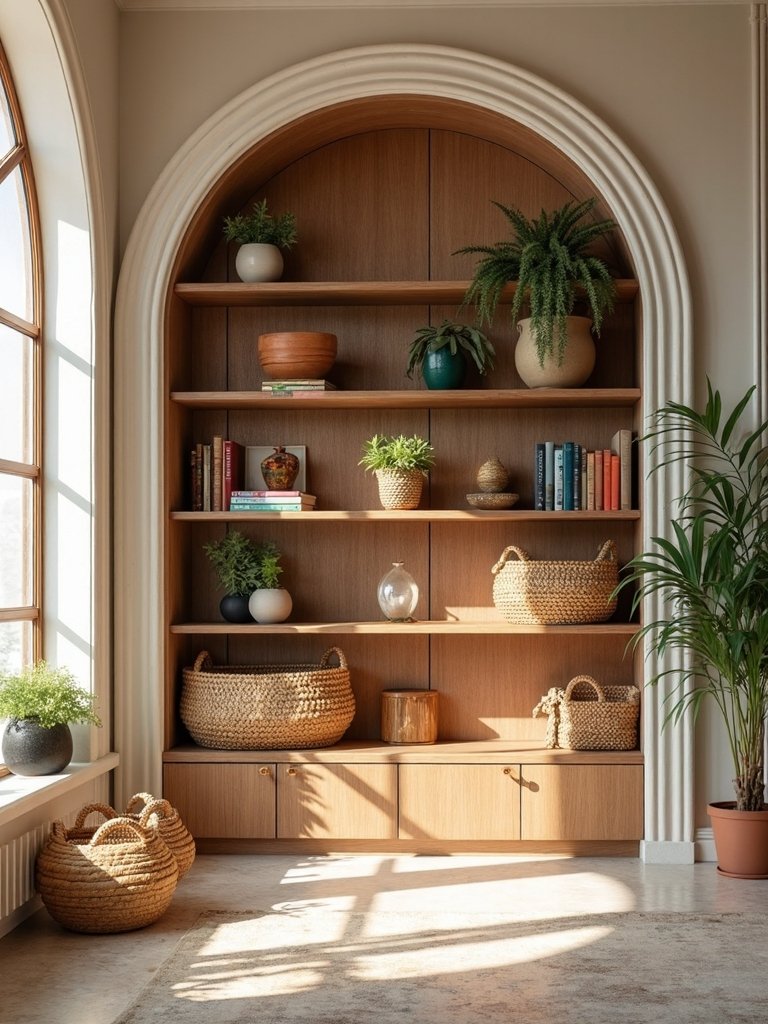 arched bookcases create visual interest
