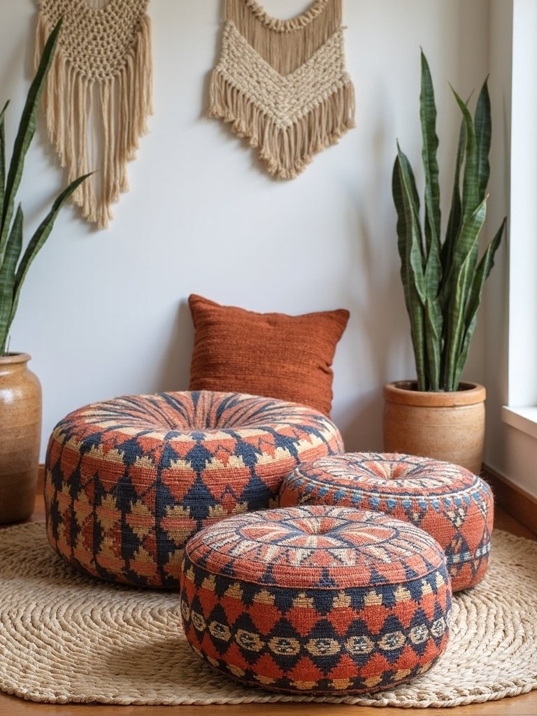 artisanal bohemian moroccan kilim poufs