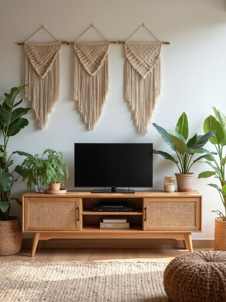 artisanal hand carved cane accented media consoles