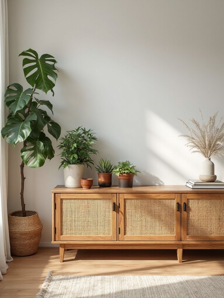 boho rattan entertainment center with storage