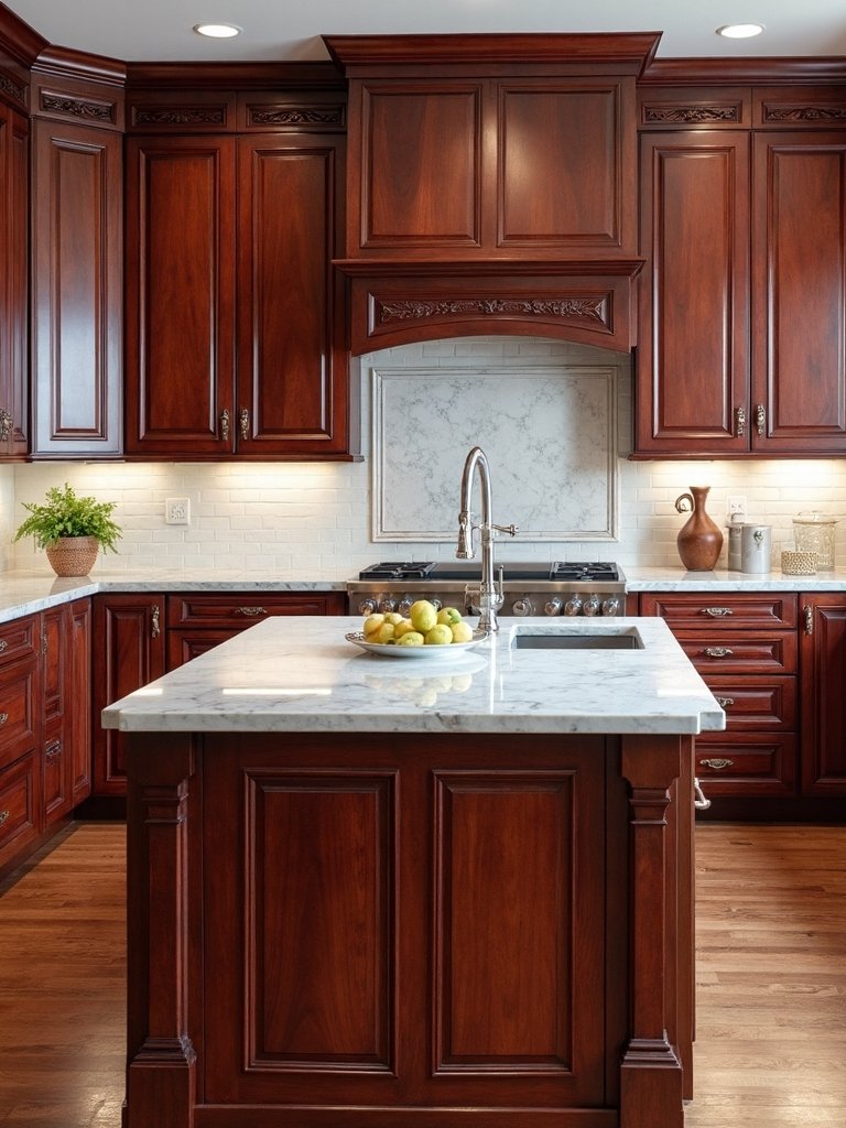 cherry cabinets white island contrast