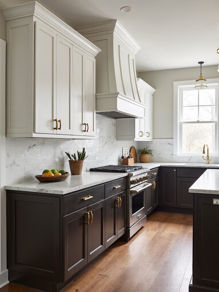 contrasting dark and bright cabinets