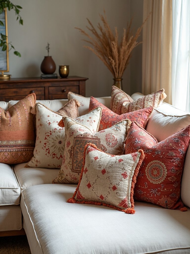 cozy bohemian living room pillows