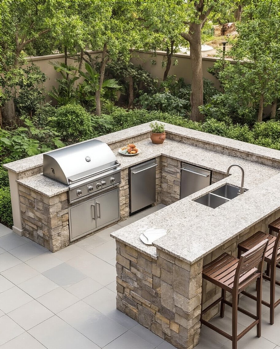 efficient practical l shaped outdoor kitchen layout