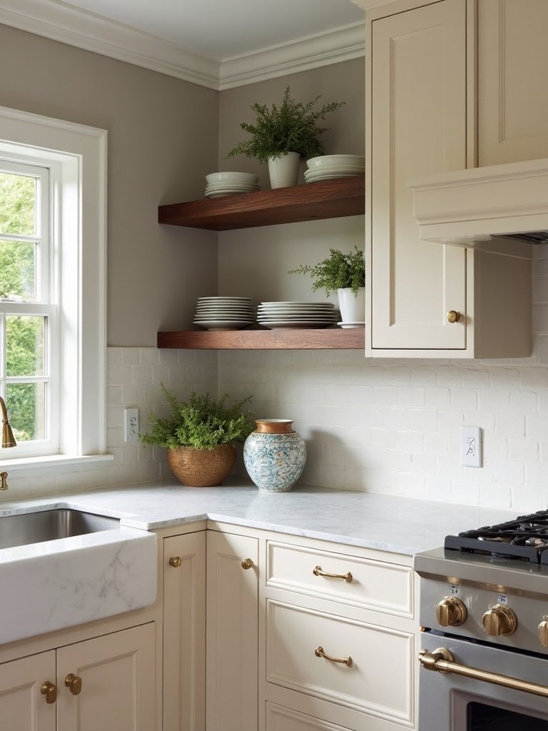 elegant contrast through dark wood shelves