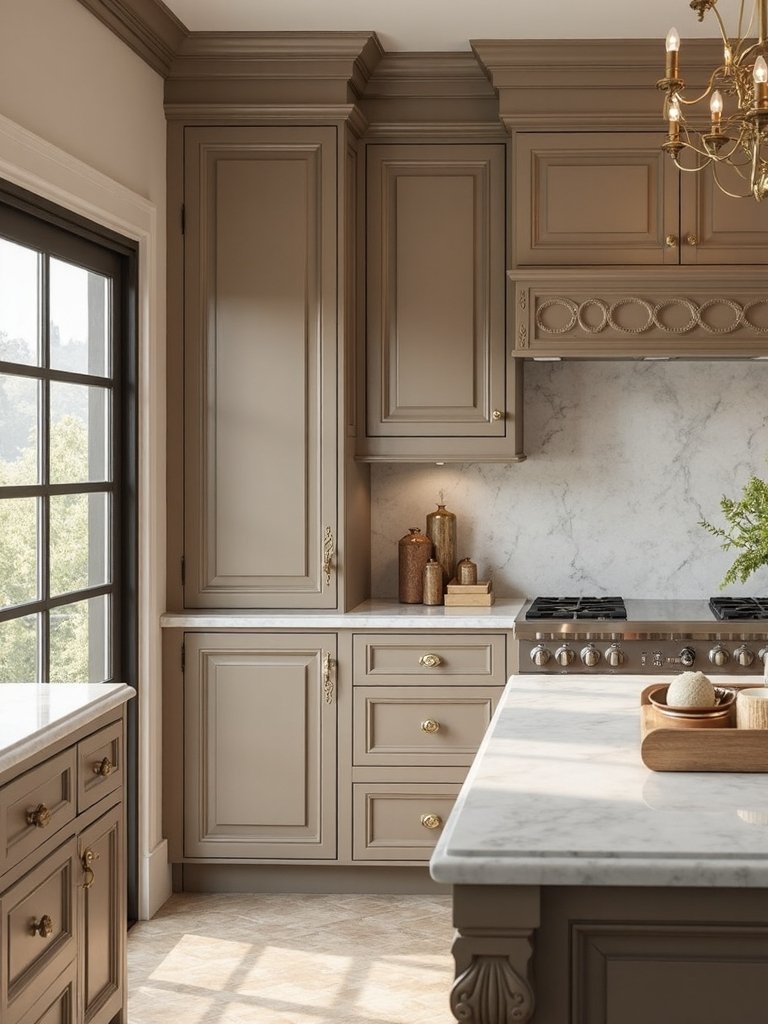 elegant traditional taupe raised panel cabinets