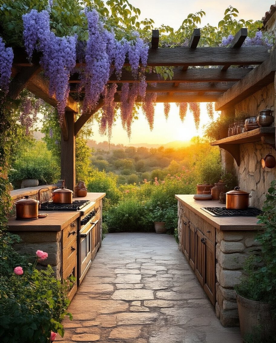 enchanting floral pergola kitchen retreat