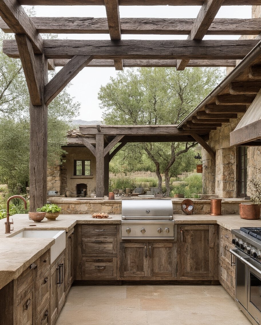 farmhouse inspired rustic outdoor kitchen design