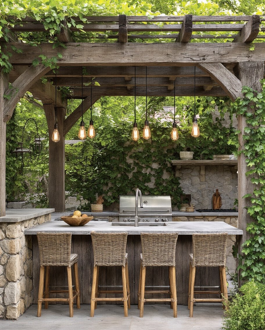 farmhouse pergola with pendant lights